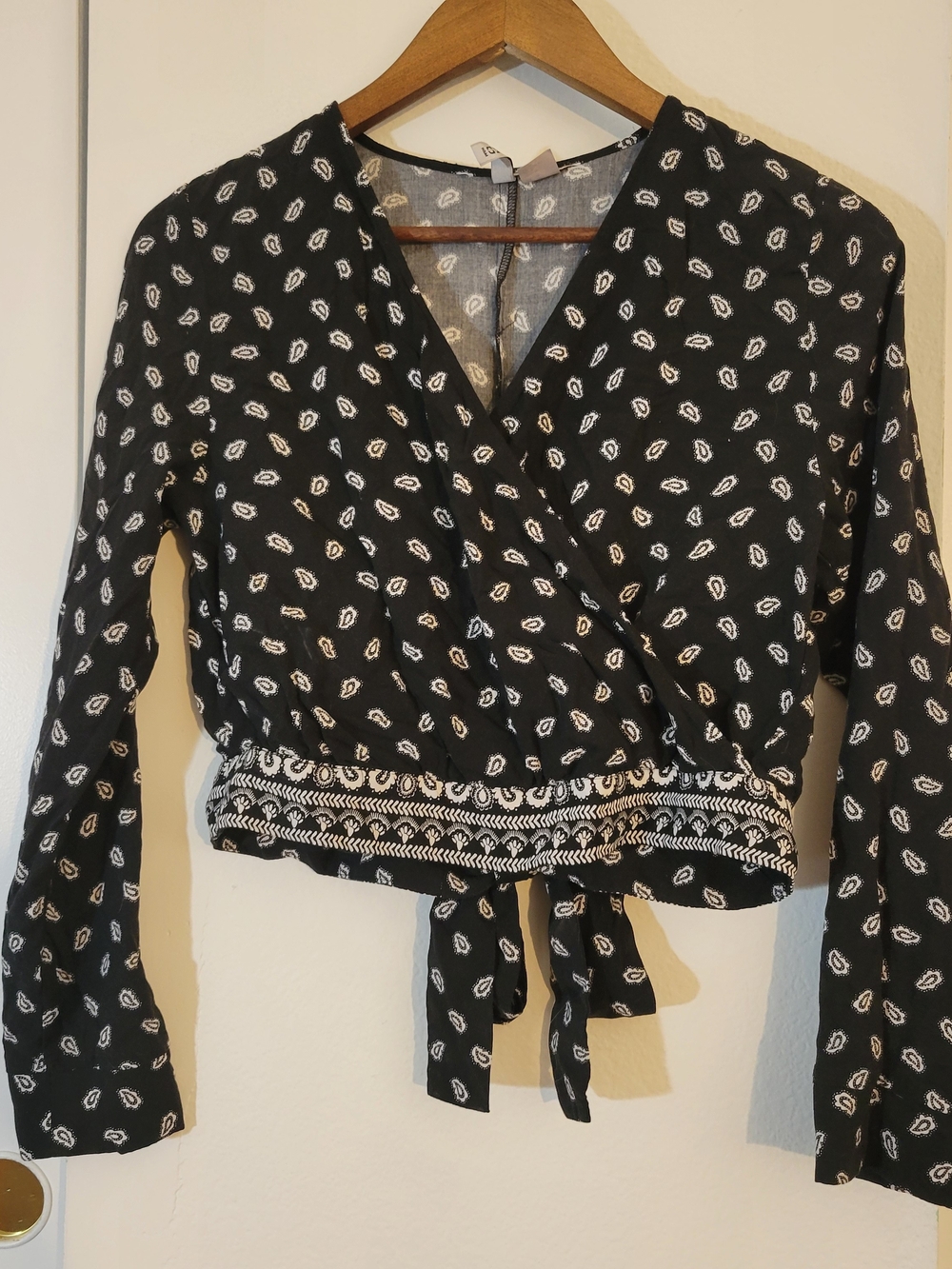 H&M Black Wrap Crop Top with White Paisley Print